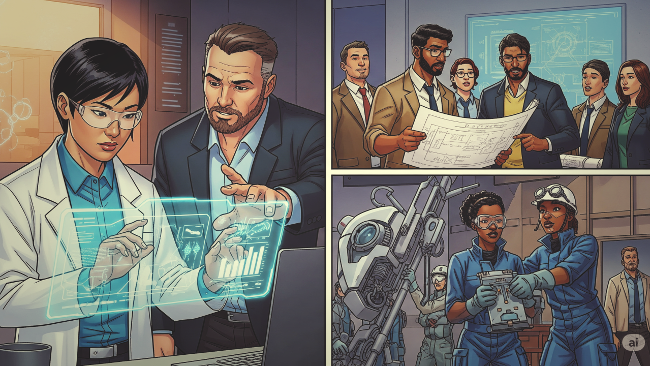 A 3-panel cartoon, clockwise from left two people, one scientist and one businessman; two people look at a drawing while four others look on; two people look at a drawing in a robotic lab