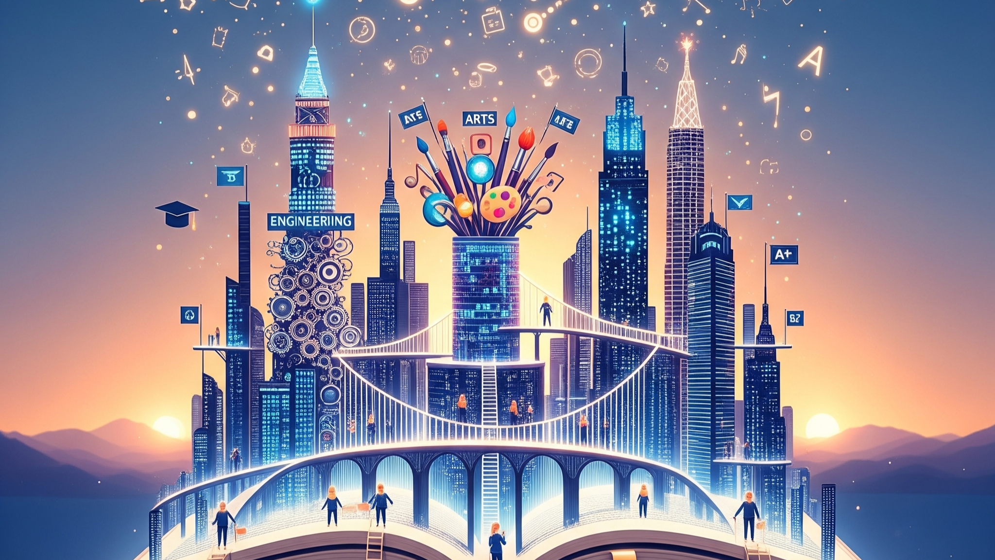 An image of a city springing out of an open book, with people who have climbed ladders onto it.