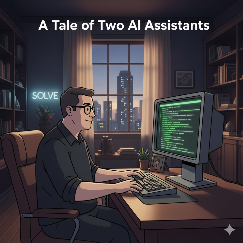 A man sits at a desk working on a computer, behind him a window frame a city at night