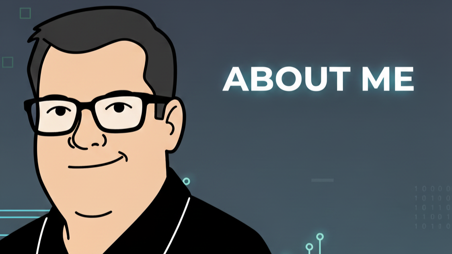 John Janek as a cartoon image with About positioned to the right.