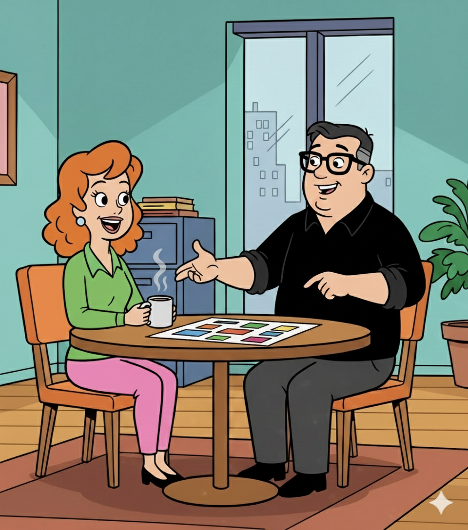 A man and a woman sit at a table discussing a diagram in an office