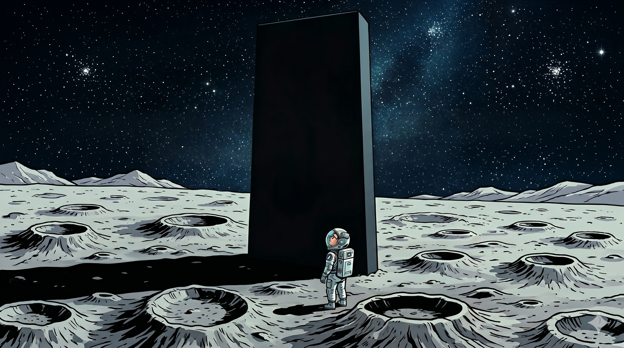 John stares at the Monolith on the Moon.