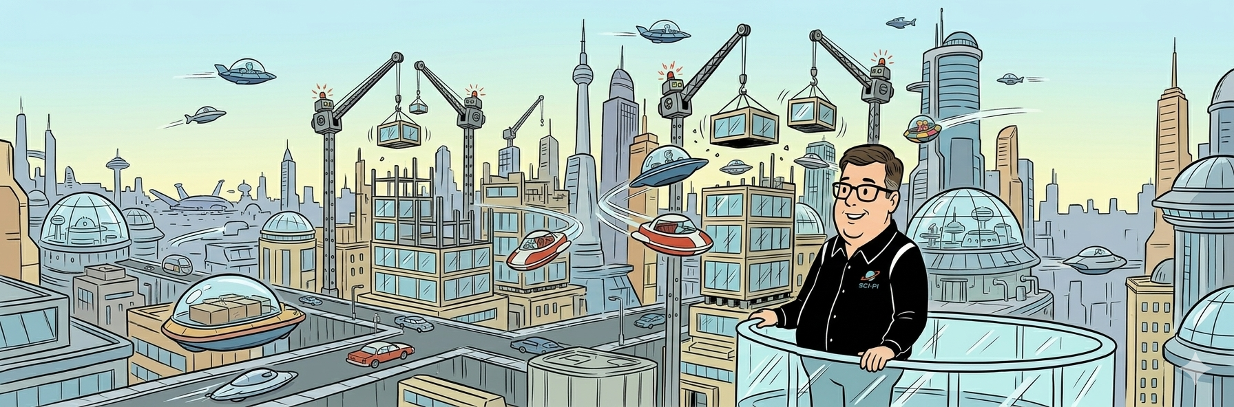 Jetson-style cartoon of John Janek overlooking futuristic construction and flying saucers.