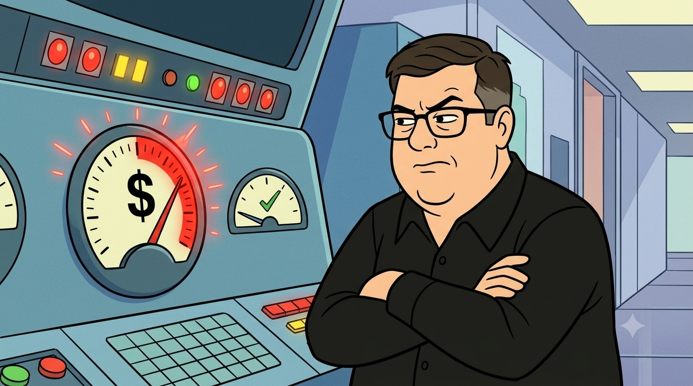 A man stares at a dial on a console flashing red.