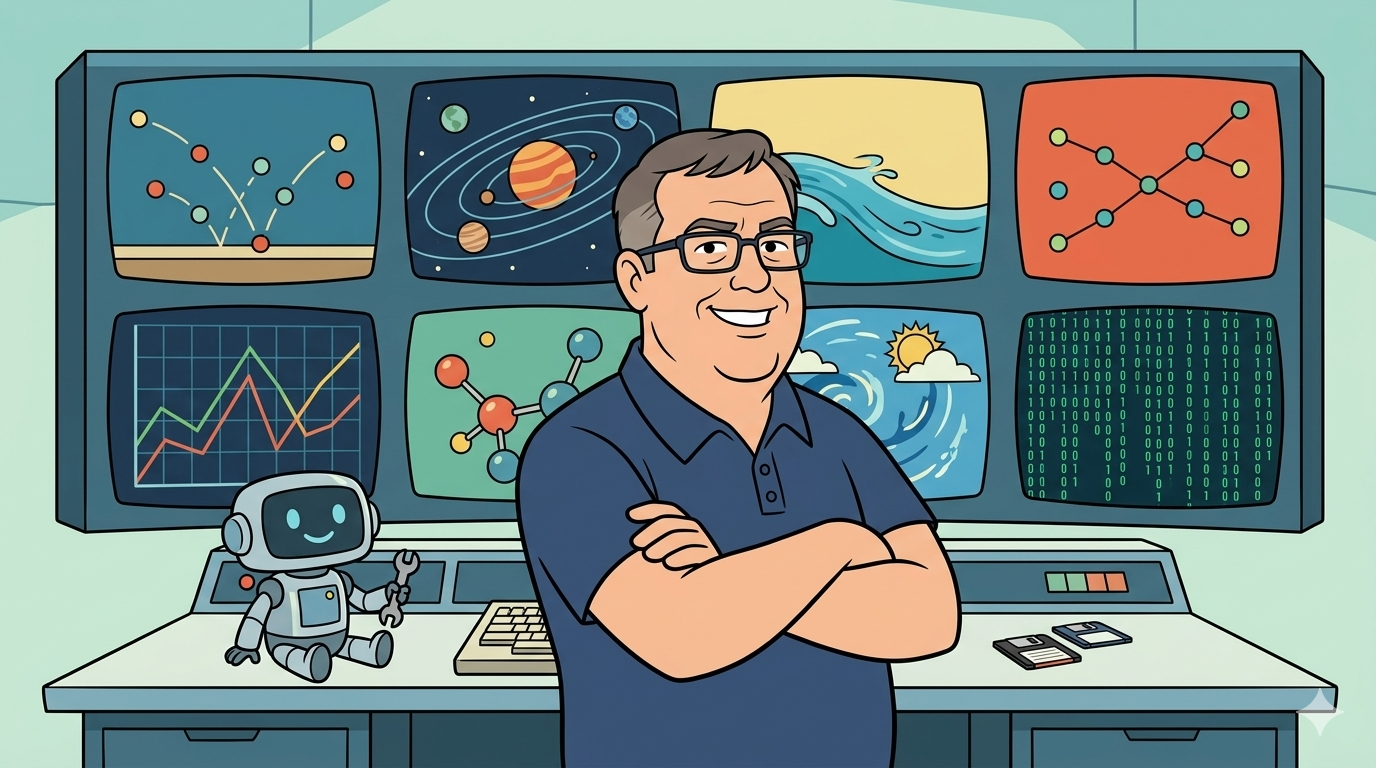 John standing in front of a retro futuristic console showing various simulation displays.