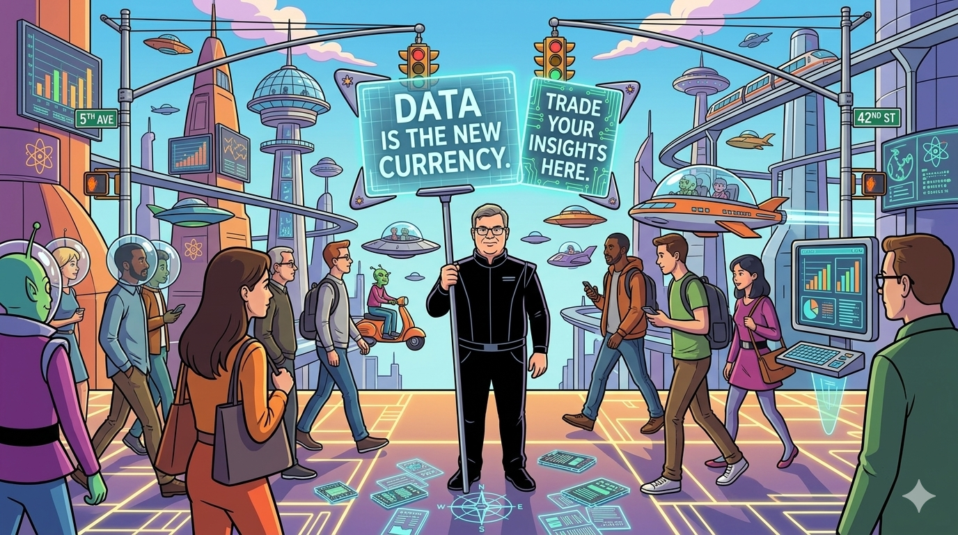 Picture of a man wearing black standing in the middle of a street holding a sign that says "Data is the new currency."