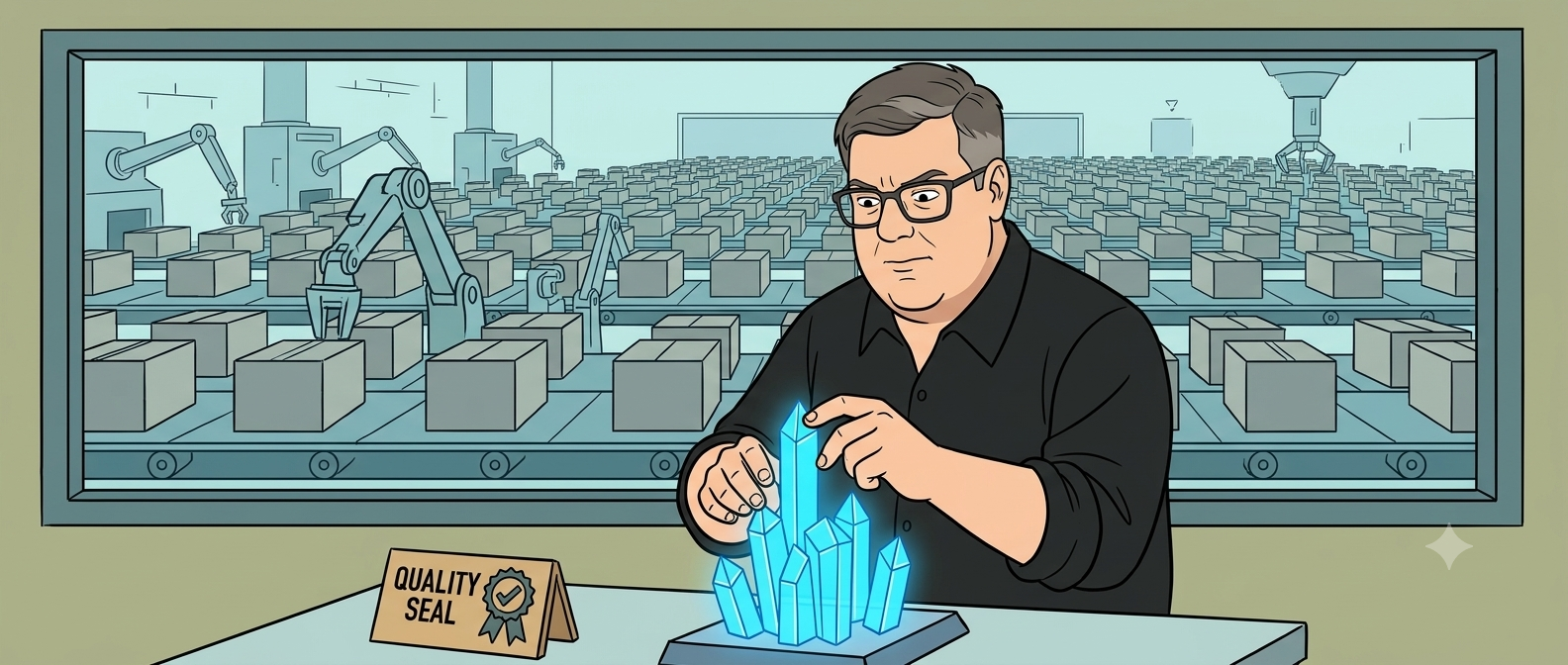Illustration of a man carefully crafting code at a workbench while an automated factory produces mass quantities in the background.