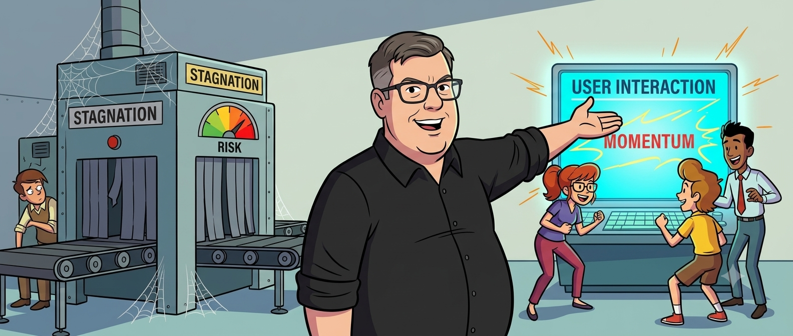 Illustration of a man gesturing toward a team delivering software to a user, while behind him an unused bureaucratic machine hides a rising risk meter no one is watching.