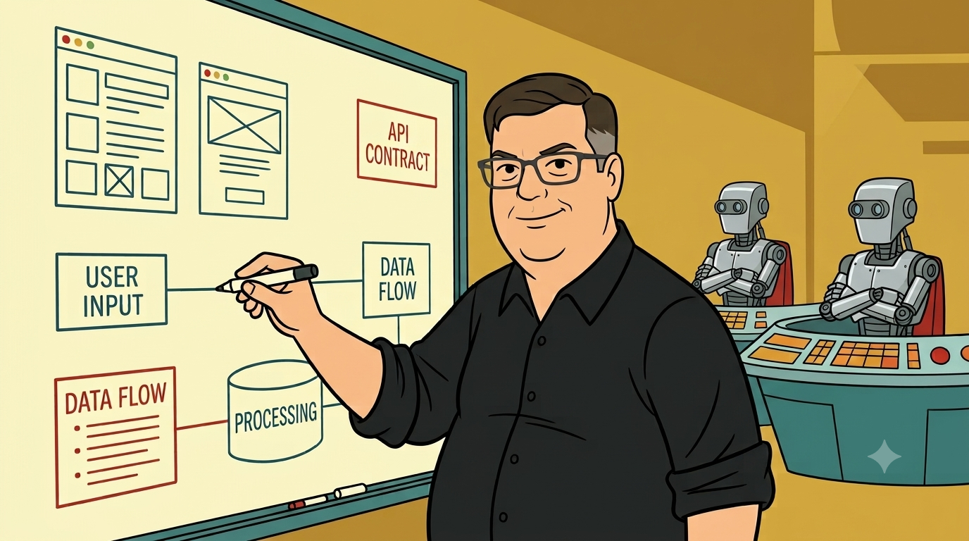 Illustration of a man drawing interface diagrams on a whiteboard while two AI robot figures wait at workstations behind him, rendered in retro Hanna-Barbera animation style.