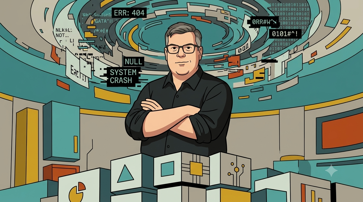 Illustration of a confident man standing on a solid geometric foundation while chaotic digital fragments collapse above him, rendered in retro Hanna-Barbera animation style.
