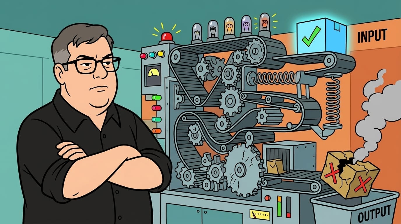 Cartoon style illustration of a man watching a complicated machine that damages a perfectly good container as it passes through.