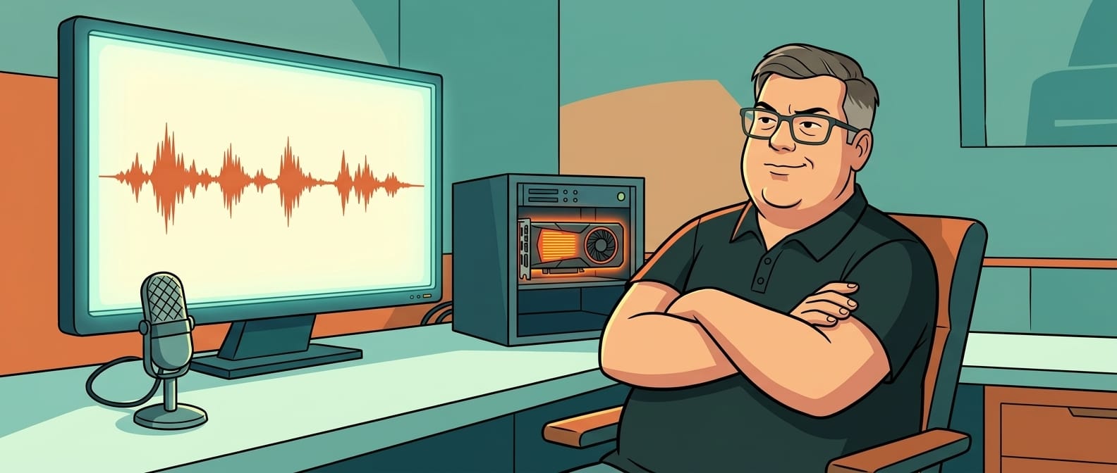 Illustration of a man in a retro-futuristic home studio with a glowing waveform on screen and a small server with a GPU, rendered in Hanna-Barbera animation style.