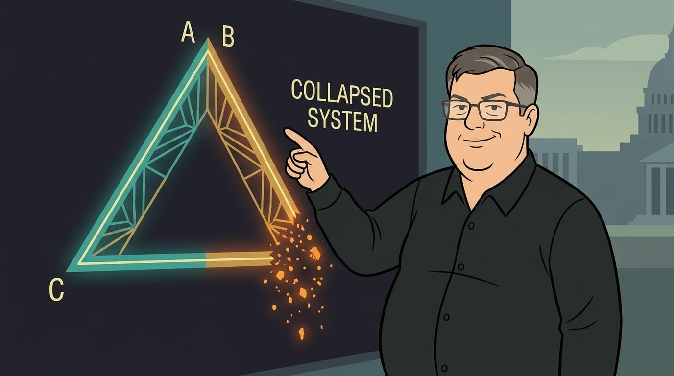 Illustration of a man gesturing at a wall diagram of a triangle whose bottom corner is crumbling and flattening into a straight line, rendered in retro Hanna-Barbera animation style.