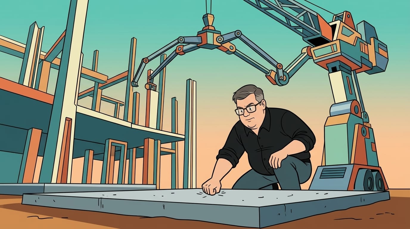 Illustrated man inspecting a building's concrete foundation while a robotic crane waits above, in retro cartoon style.