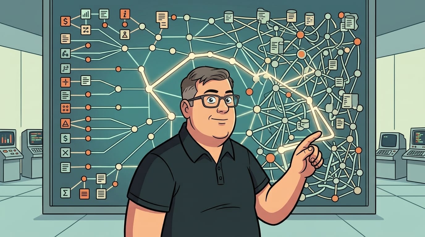 Illustrated man in glasses tracing a path across a wall-sized network of connected nodes, where a tangled cluster on one side resolves into small, orderly pieces on the other.