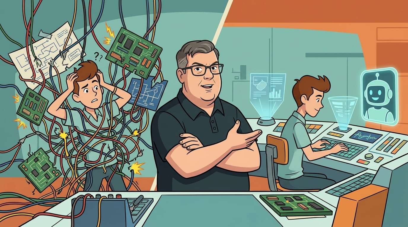 Illustration showing a man gesturing between two contrasting scenes of a junior developer — one chaotic and tangled, one organized and methodical — in retro Hanna-Barbera animation style.