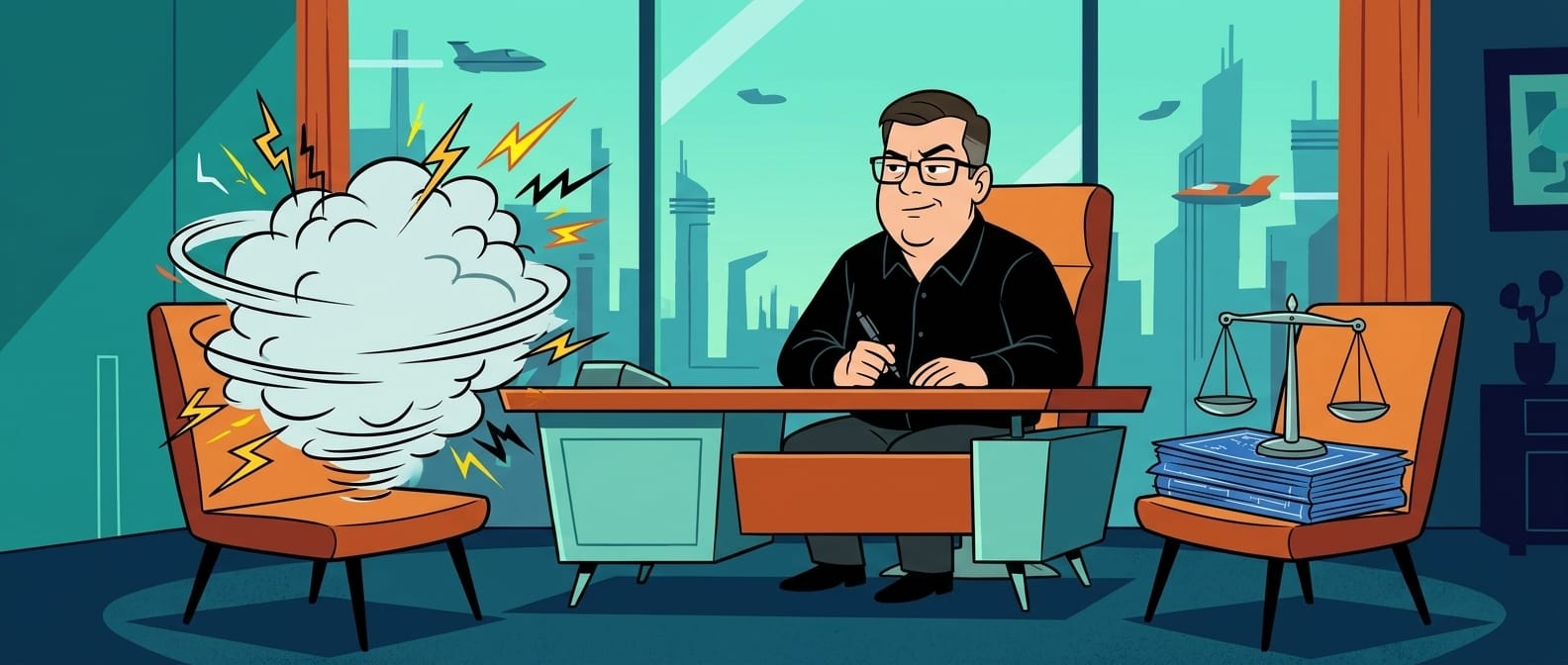 Illustration of a man at an interview desk looking between two empty chairs, one surrounded by sparks and motion lines, the other holding a neat stack of blueprints and a balanced scale.